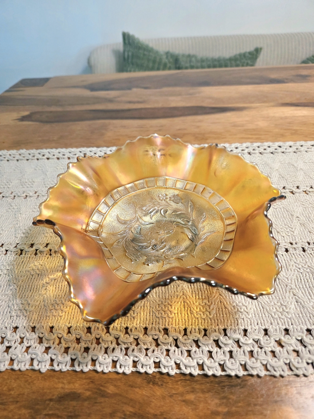 Vintage Marigold Carnival Glass Tulip Bowl Ruffled Edge